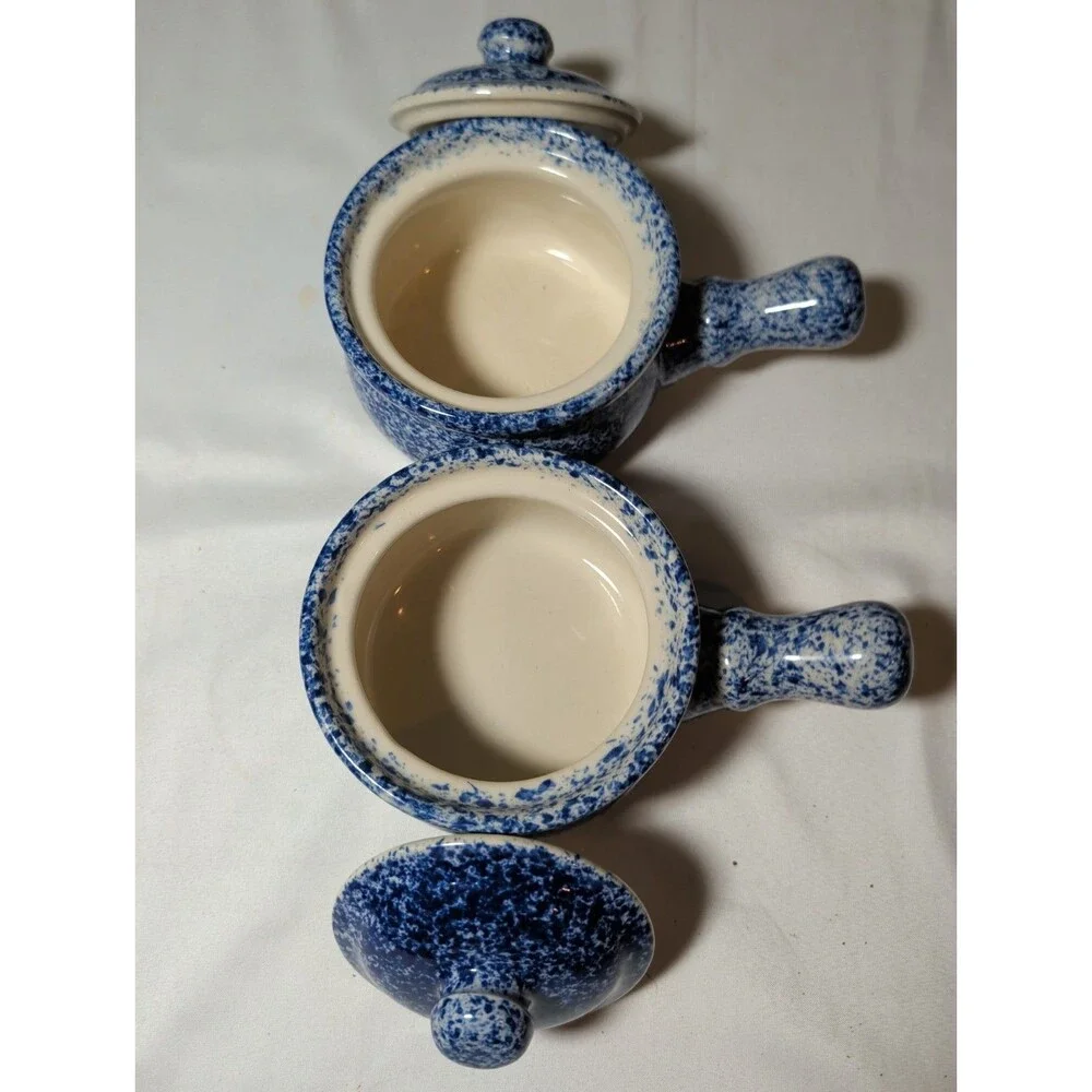 2 Vintage Stoneware Blue and White Splatterware or Spongeware lidded crock